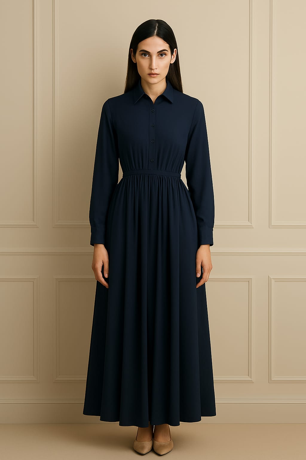 2025 Elegant Pleated Long Sleeve Maxi Shirt Dress for Women