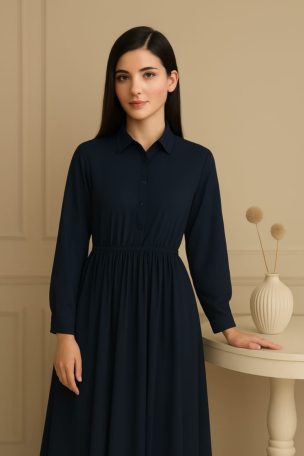 2025 Elegant Pleated Long Sleeve Maxi Shirt Dress for Women